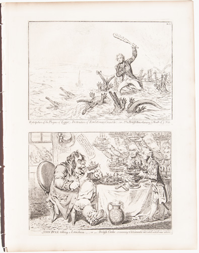 original gillray prints Extirpation of the Plagues of Egypt – Destruction of Revolutionary Crocodiles; or, the British Hero Cleaning the Mouth of the Nile

John Bull Taking a Luncheon; or, British Cooks Cramming Old Grumble Gizzard with Good Cheer

